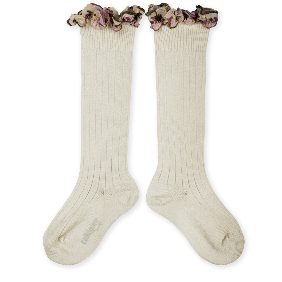 Embroidered Ruffle Ribbed Knee-high Socks - Doux Agneaux #037